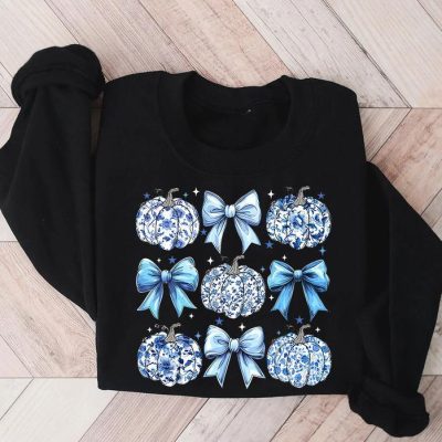 Blue Floral Pumpkin Sweatshirt Fall Pumpkin Sweatshirt Coquette Blue Bow Shirt Thanksgiving Sweatshirt Womens Fall Sweater Full Sizes
