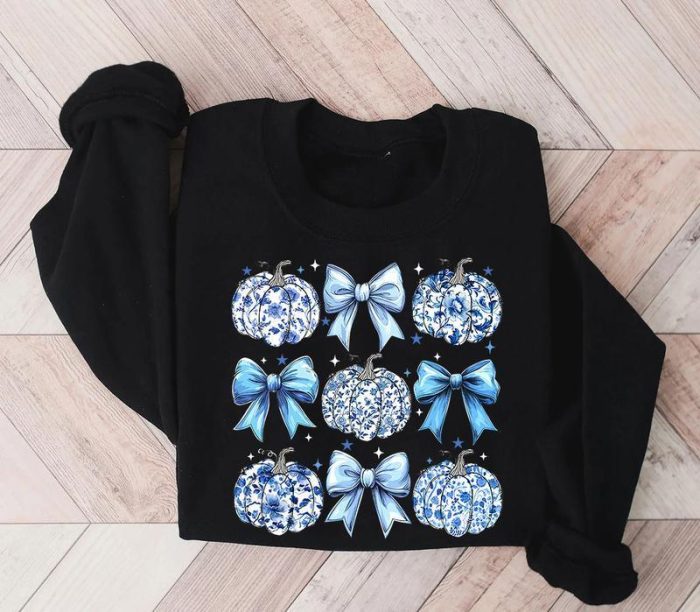 Blue Floral Pumpkin Sweatshirt Fall Pumpkin Sweatshirt Coquette Blue Bow Shirt Thanksgiving Sweatshirt Womens Fall Sweater Full Sizes