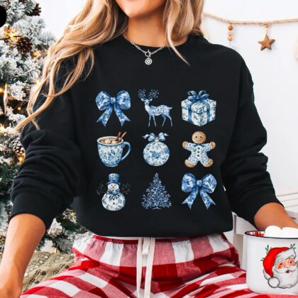 Blue Toile Coquette Christmas Sweatshirt Cute Blue Christmas Shirt Cozy Winter Sweater for Women Girly Christmas Shirt Blue Christmas Sweater