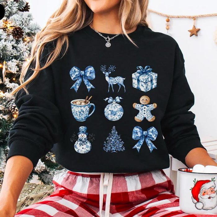 Blue Toile Coquette Christmas Sweatshirt Cute Blue Christmas Shirt Cozy Winter Sweater for Women Girly Christmas Shirt Blue Christmas Sweater