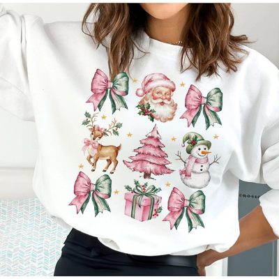Coquette Pink Christmas Sweatshirt Pink Santa Tee Shirt Pink Bow Xmas Sweater Coquette Santa Claus Shirt Christmas Gift