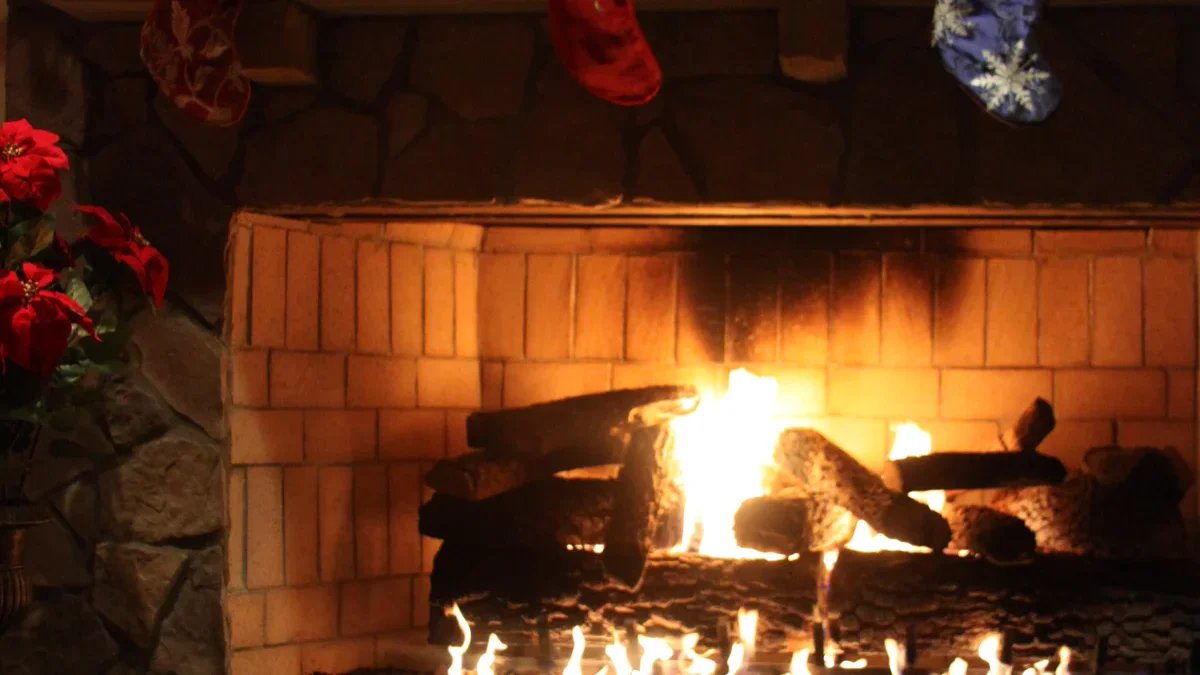 Cozy stone fireplace decorated with hanging Christmas stockings and warm hearth lighting