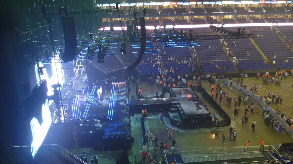 Empty indoor arena stage and seating bowl Indoor music arena stage layout with tiered seating where temperatures rise quickly during live shows