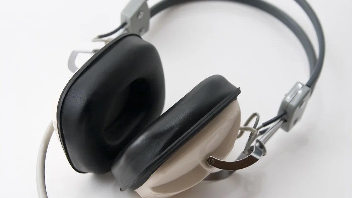 Studio audio headphones for music trivia listening Classic over-ear studio headphones used for music trivia listening rounds and audio guessing
